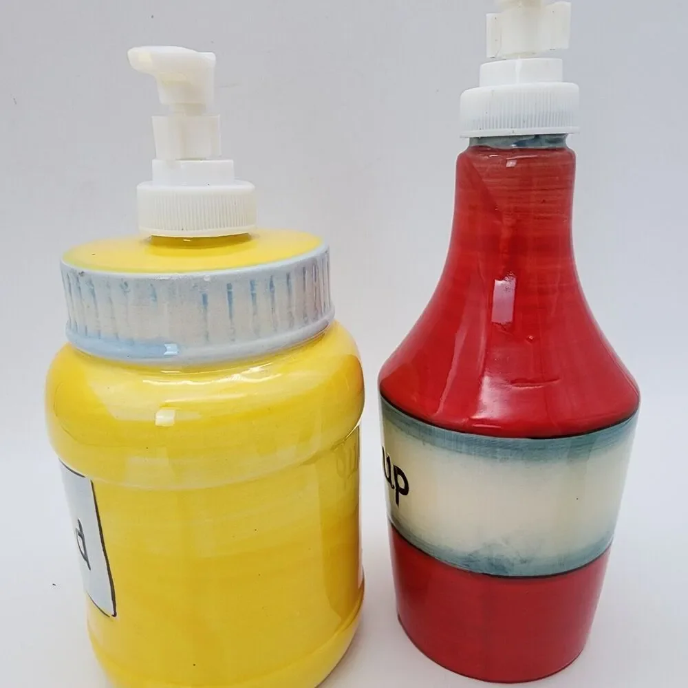 Pier 1 Imports Ceramic Ketchup Mustard Dispensers Salt Pepper Shakers Picnic Set